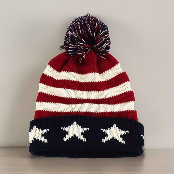American Flag Knit Colorblock Beannie with Pom Unisex Cap - Picture 2 of 4